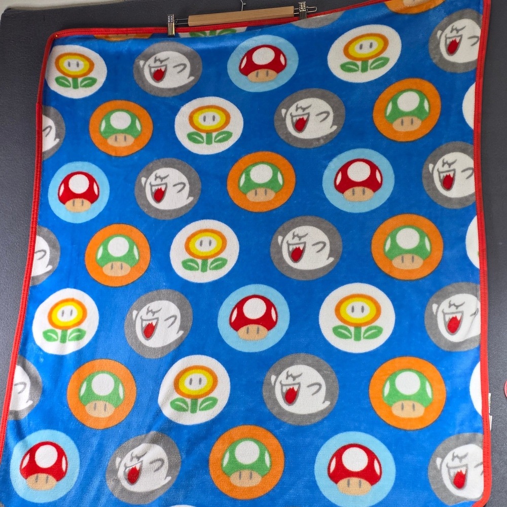 Super Mario Bros Fleece Throw Blanket Blue Boo Mushroom Fire Flower